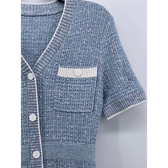 GOELIA Women's Blue-White Knit V-Neck Gathered Waist Button-Up Mini Dress SZ XS - Picture 4 of 12